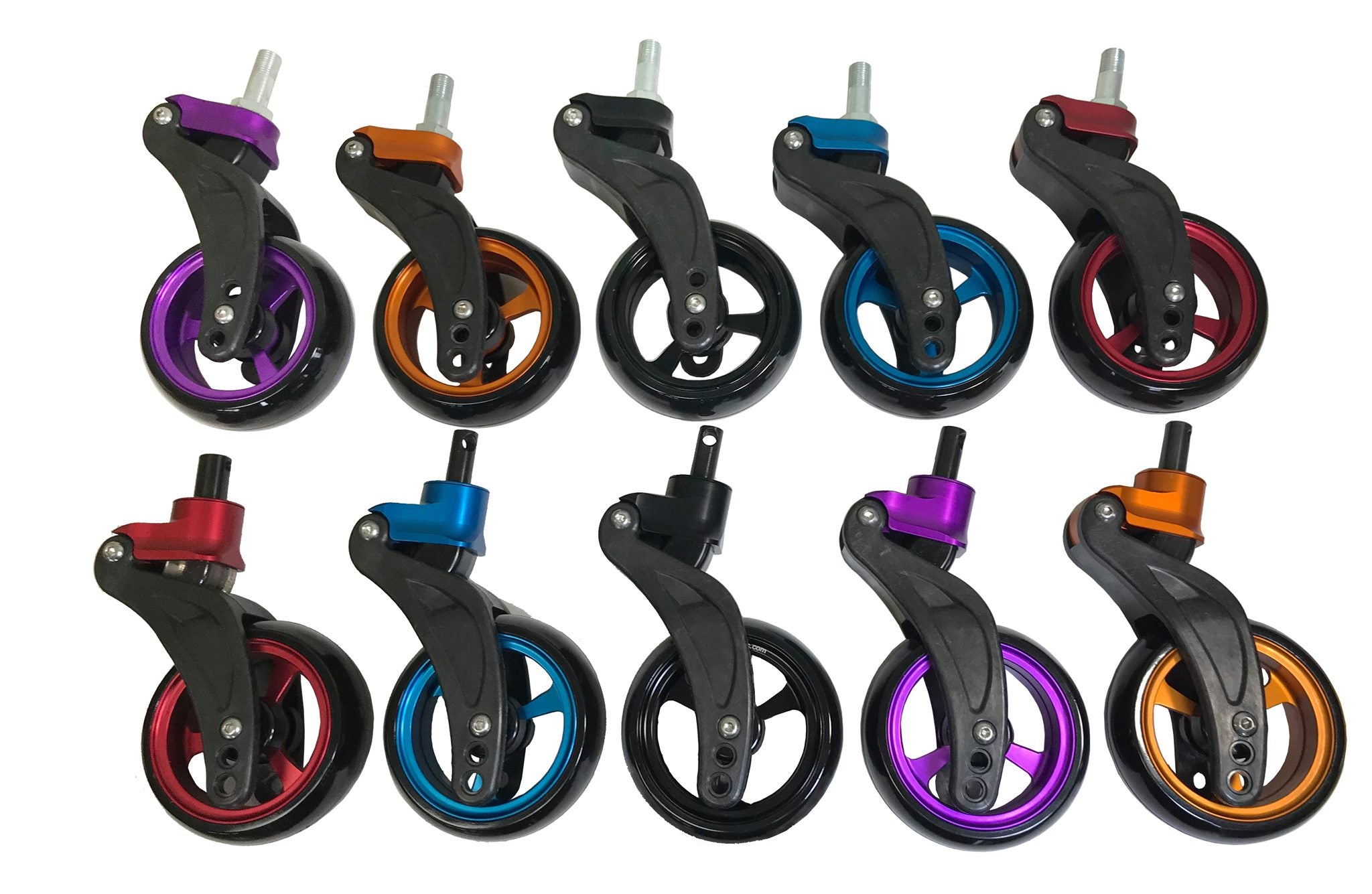 Frog Legs Phase 2 Front Suspension Forks for manual wheelchairs displaying all colors in rows.